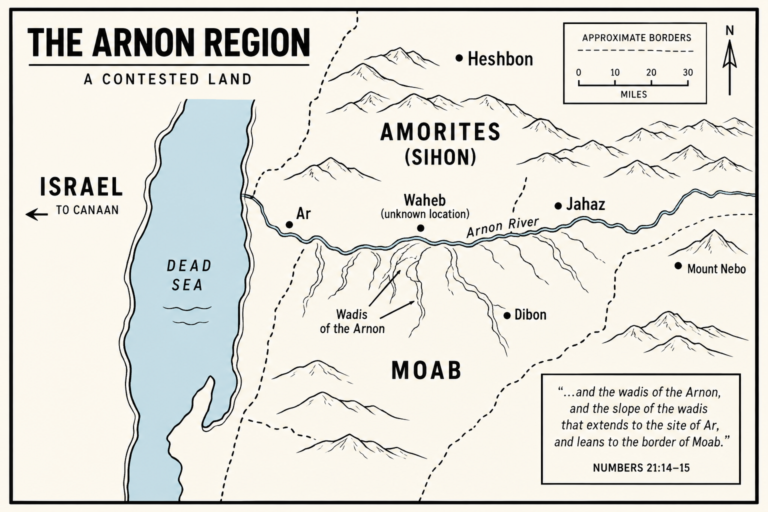 Map of the Arnon region showing Israel, Moab, Amorite territory, the Arnon River, and the wadis of the Arnon.